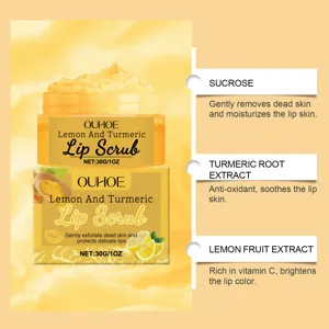 Detail view of the lemon and turmeric lip scrub showing natural ingredients and smooth texture.