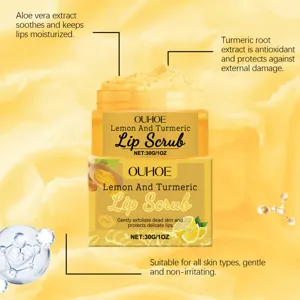 Lemon turmeric lip scrub detail showing exfoliating and moisturizing natural plant extract ingredients.