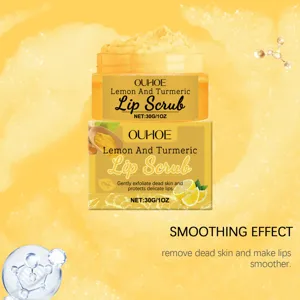 OUHOE lemon and turmeric lip scrub 30g gently exfoliates dead skin for smoother lips.
