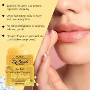 OUHOE lemon and turmeric lip scrub detail, gentle exfoliating dead skin, moisturizing and nourishing lips.
