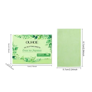 Vista dettagliata della carta assorbente al tè verde con dimensioni e singolo foglio.