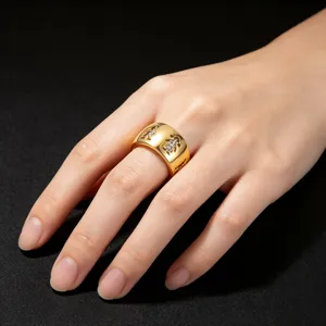 Vue détaillée de la bague en or de 13 mm avec des figures de dessin animé creuses et des diamants.