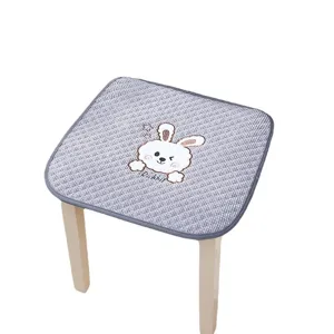 Thickened non-slip chair cushion with cute rabbit embroidery, grey fabric seat pad for home.