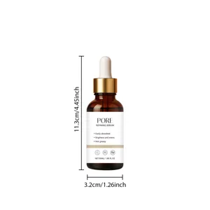 Vista dettagliata del flacone dropper per siero viso in vetro marrone con tappo dorato 50ml.