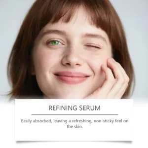 Primo piano dettagliato del siero viso con texture leggera, a rapido assorbimento e non appiccicosa.