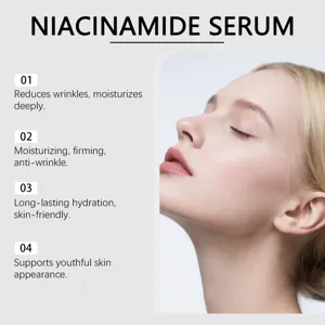 Vista dettagliata del siero viso alla niacinamide, texture della pelle liscia e rughe.