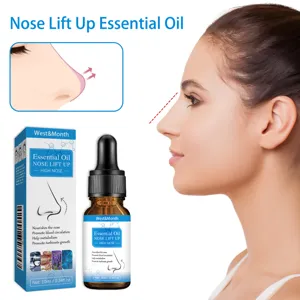 Gros plan détail du flacon d'huile essentielle de soin du nez et boîte avec vue de profil.