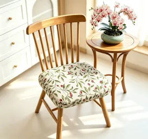 Detailaufnahme des Holzstuhl-Sitzkissens mit naturverbundenem Blumen- und Blattmuster.