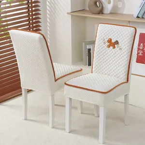 Quilted dining chair cover elastic slipcover set with cute embroidery, modern minimalist home decor.