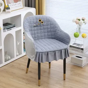Grey quilted dining chair cover with sunflower embroidery and ruffle skirt for home decor
