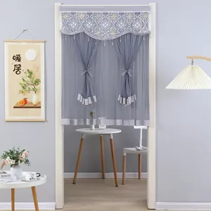 Grey lace door curtain mesh partition curtain with elegant embroidery valance for home bedroom.