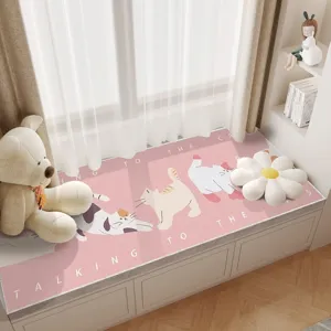 Pink crystal velvet bay window cushion with cute cat print, cozy home balcony mat for all seasons.