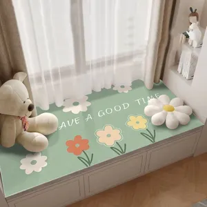 Cozy crystal velvet bay window mat with cute daisy floral pattern and relaxing text print.