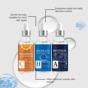 Set siero viso con vitamina c acido ialuronico e retinolo per idratazione quotidiana della pelle.