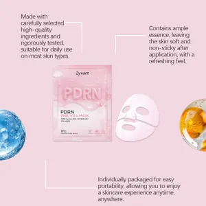 Dettaglio maschera rosa Zyvarn PDRN con essenza ricca, foglio morbido e idratazione.