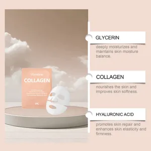 Primer plano del envase y la hoja de mascarilla facial de colágeno Viareline hidratante.
