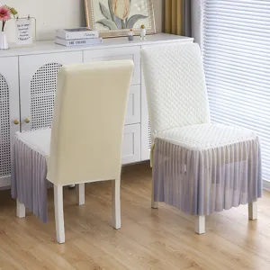 Detailed view of the elastic dining chair cover with thickened cotton and nice mesh skirt.