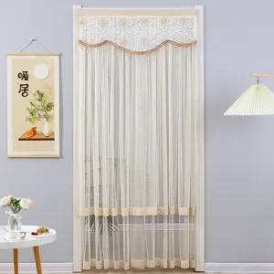 Detailed view of beige lace door curtain, elegant half curtain for bedroom and living room decor.