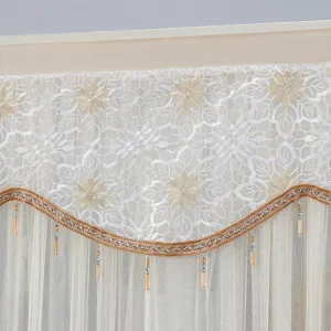 Detailed view of white lace door curtain with floral embroidery and gold beaded fringe trim.