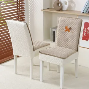 Thickened elastic dining chair cover set with cute horse embroidery, soft quilted seat cushion.