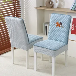 Thick elastic dining chair cover with cute cartoon horse embroidery, soft quilted fabric for home decor.