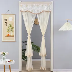 Lace door curtain detail view, elegant sheer mesh design for bedroom and living room division.