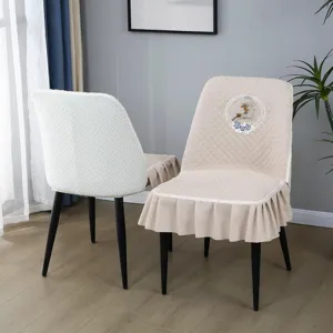Quilted curved dining chair cover with deer embroidery and lace ruffle for restaurant home.