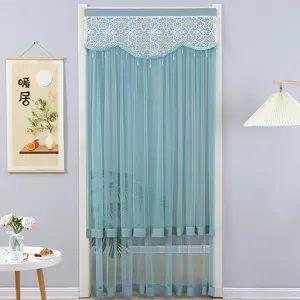 Blue lace door curtain detail, elegant mesh partition design for bedroom and bathroom use.