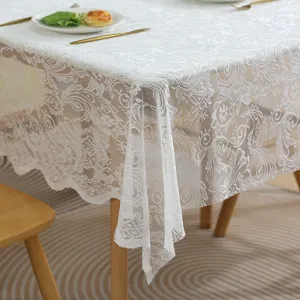 White lace tablecloth detail view, elegant floral pattern for home dining table and furniture decor.