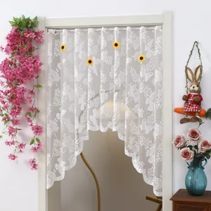 White lace door curtain with floral pattern and sunflower decor for bedroom privacy screen.