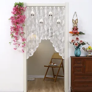 White lace door curtain with cute cartoon cloud plush pendants for home bedroom privacy decor