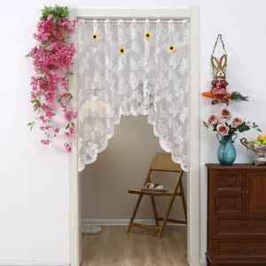 White lace doorway curtain with sunflower decor for bedroom privacy and home decoration