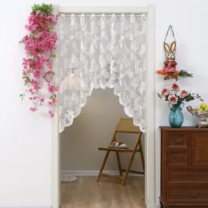 White lace door curtain with butterfly floral pattern, elegant home decor scene detail view.