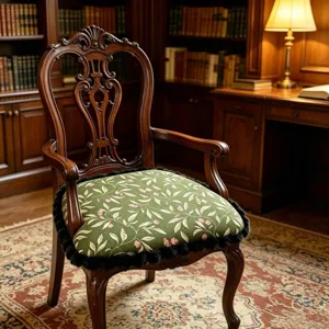Classic vintage wooden armchair with green floral cushion and black fringe for study room