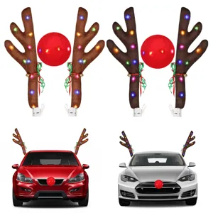 LED light-up Christmas car reindeer antlers with red nose plush decoration set for holiday