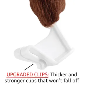 Detailed macro view of upgraded thicker clips for brown plush car antler decorations