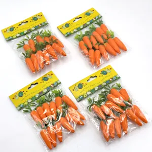 Four packs of realistic orange foam carrots with green tops in Easter packaging