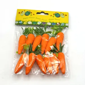 Close-up detail of artificial foam carrots inside festive Happy Easter packaging