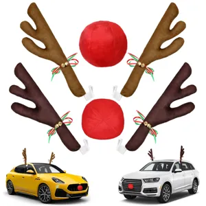 Christmas Reindeer Car Decoration Set Short Plush Antlers With Red Nose Jingle Bells LED Light For Vehicle Festive Xmas Decor
