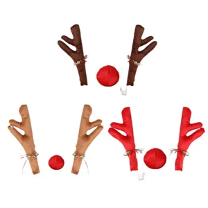 Plush reindeer antlers car decoration kit with nose and bells in three colors