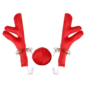 Decorative red plush Christmas car reindeer antlers and nose set with festive bells