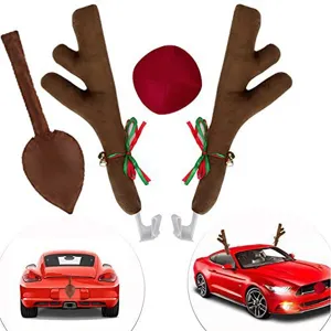 Festive Christmas car reindeer antlers and red nose plush decoration kit with bells