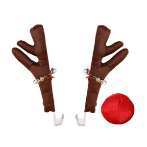 Plush Christmas reindeer car decoration kit featuring brown antlers and a bright red plush nose