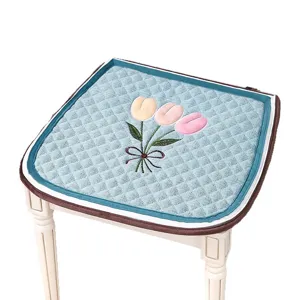 Thickened quilted dining chair seat cushion with cute tulip embroidery, comfortable office pad.