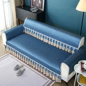 Quilted Sofa Cover Solid Color Lace Trim Anti Slip Washable Sofa Pad Protector For Living Room Home Decor