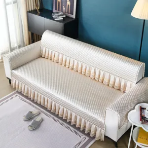 Quilted thickened sofa cover with exquisite lace ruffle for living room home decor