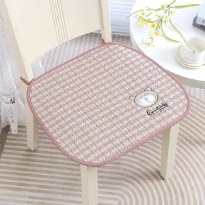 Thick plaid chair cushion with cute bear embroidery, soft fabric seat pad for home office.