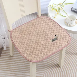 Thickened checkered chair cushion with cute puppy embroidery, non-slip seat pad for home and office.