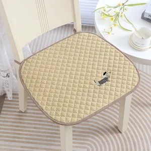 Thickened plaid chair cushion with cute dog embroidery, non-slip seat pad for office home dining.