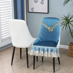 Quilted dining chair cover set with elegant lace embroidery, blue seat slipcover.